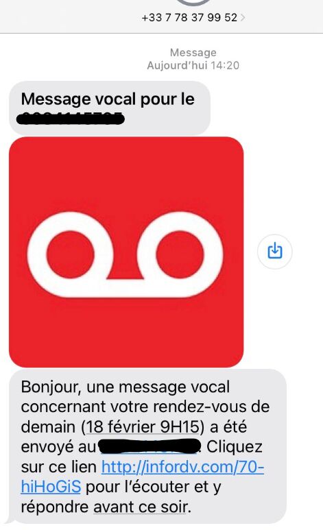 0778379952 | SMS Message Vocal Pour Le 06.. | Arnaque Identité (Phishing)